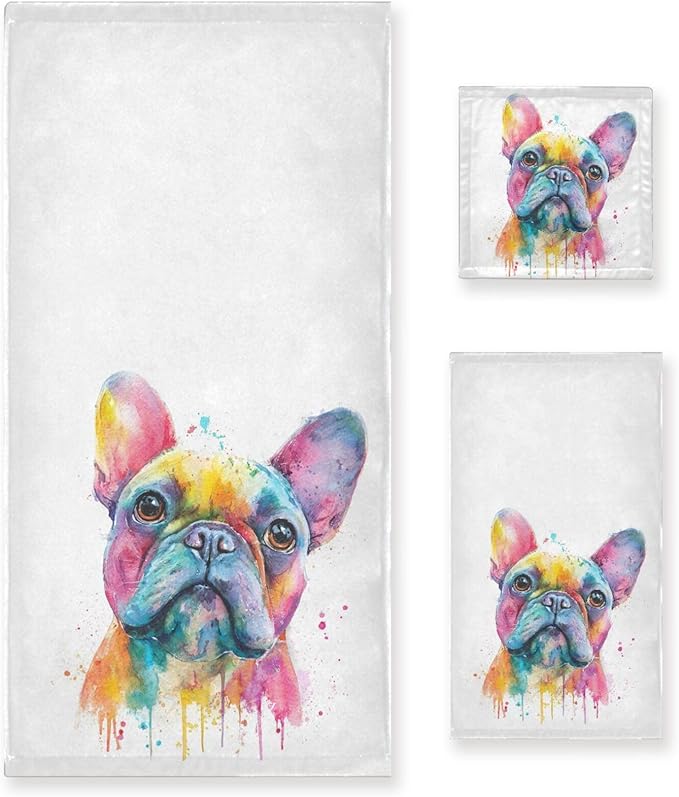 Pfrewn French Bulldog Puppy Towels Set of 3 Watercolor Dog Colorful Art Bathroom Towel Soft Absorbent Bath Hand Towels Washcloth Guest Towel Sets Bathroom Decorations