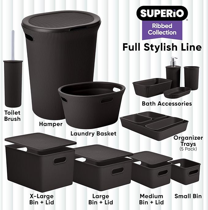 Superio Ribbed Collection - Decorative Plastic Basket Open Home Storage Bins Organizer, Large Brown (2 Pack) Container Boxes for Organizing Closet Storage Bins for Shelves 15 Liter/16 Quart