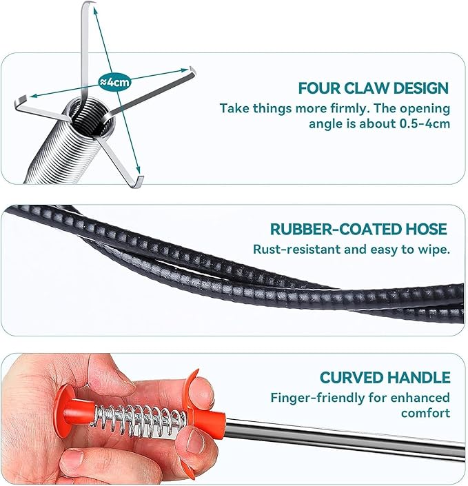 Drain Snake,33 inch Flexible Claw Grabber Tool,Drain Clog Remover - Snake Drain Hair Removal Tool for Home Sink, Bathroom Tub,Drain, Toilet, Tight Spaces