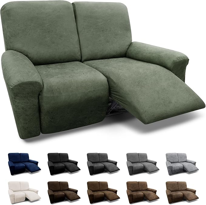 Loveseat Covers 6-Pieces Loveseat Recliner Cover 2 Seater Cover for Reclining Loveseat Cover Leather Look Recliner Slipcovers with Pocket Spandex Furniture Cover(Recliner Loveseat, Army Green)