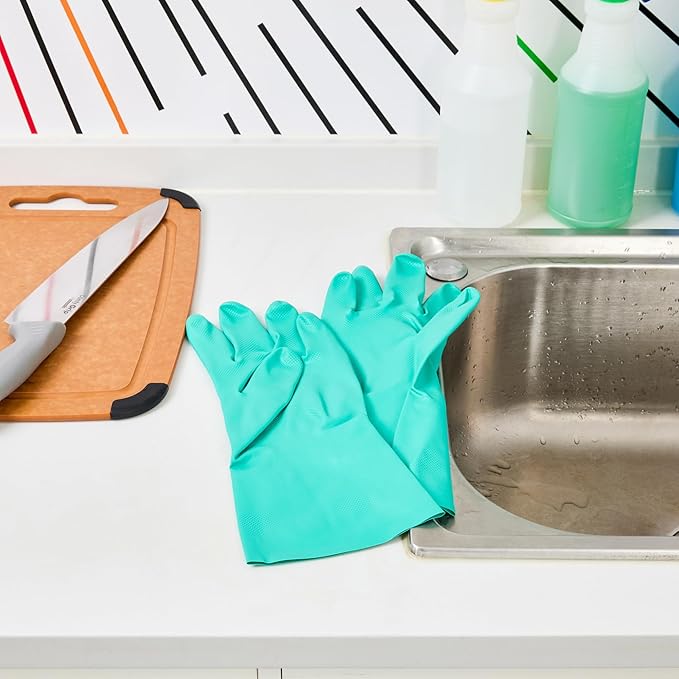 Restaurantware Green Cleaning Gloves 10 Pairs 15 Mil Thick Large Heavy-Duty Nitrile Gloves With Long Cuff No-Latex Flock Lining For Use In Hospitals, Laboratories, Kitchens and Households
