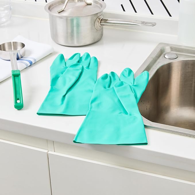 Restaurantware Green Cleaning Gloves 10 Pairs 15 Mil Thick XXL Heavy-Duty Nitrile Gloves With Long Cuff No-Latex Flock Lining For Use In Hospitals, Laboratories, Kitchens and Households