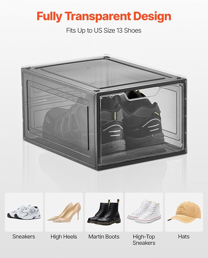 VEVOR Shoe Storage Boxes, 9 Pack Clear Stackable Shoe Boxes Storage Organizers with Magnetic Door, Fit up to US Size 13, Plastic Sneaker Containers for High Heels, Boots, and Hats, Transparent Black