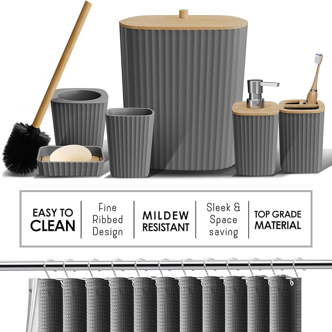 Clara Clark Bathroom Accessories Set - Bathroom Set with Adhesive Corner Shower Caddy Hanging, 25PC Bathroom Accessory Set, Grey Shower Curtain Set, Toilet Brush, Trash Can & Soap Dispenser