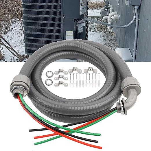 1/2Inch Outdoor Electrical Whips Kit, 8 FT Nonmetallic Liquid Tight Flexible Conduit Wire with 3 Conductors 10 Gauge THHN Electrical Wires, A/C Disconnect Box Power Whips Assembly (8FTx1/2Inch)