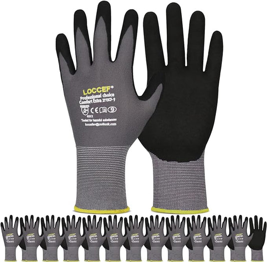 LOCCEF Work Gloves MicroFoam Nitrile Coated-6 Pairs,Seamless Knit Nylon Gloves,Gray Work gloves