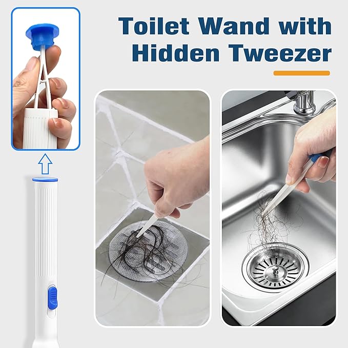 NEWE Disposable Toilet Brush with Tweezers, Toilet Bowl Wand Holder Set with 42PCS Cleaner Refills, Bathroom Cleaning System for Sink Bathtub Drain Wash Basin Urinal (Blue)