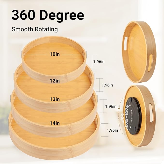 12in Bamboo Lazy Susan Turntable Organizer - Tall Side Anti-Fall Spinning Storage for Kitchen,Pantry, Countertop & Cabinet | Rotating Round Spice, Seasoning & Condiment Tray