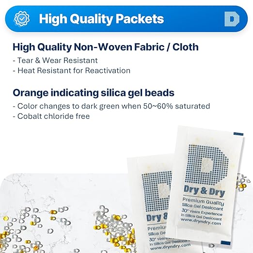 Dry & Dry 10 Gram [100 Packets] Orange Indicating Silica Gel Packets Desiccants - Food Safe Silica Packs, Silica Gel, Silica Packets, Desiccant Packs for Food Storage