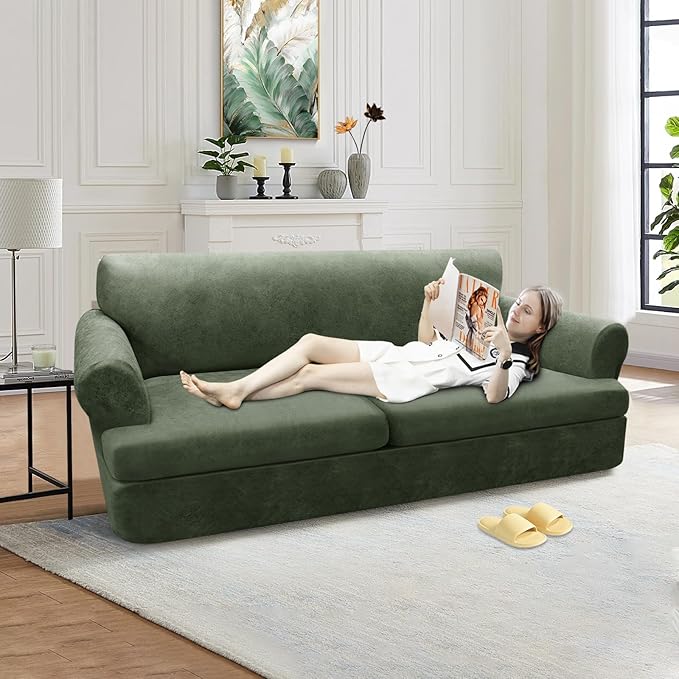 3-Pieces T Cushion Sofa Slipcovers Leather Look Couch Cover for 2 Cushion Couch Furniture Protector Stretch Sofa Cover with 2 Individual T Cushion Seat Covers Washable, Army Green