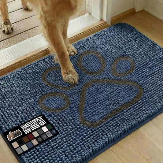 GORILLA GRIP SoakSTOPPER Dog Door Mat, 36x24 Machine Washable Rug Absorbent Doormat Captures Moisture Mud Dirt, Quick Dry Soft Chenille Entryway Rugs Indoor Entrance Mats for Dog Paws, Navy