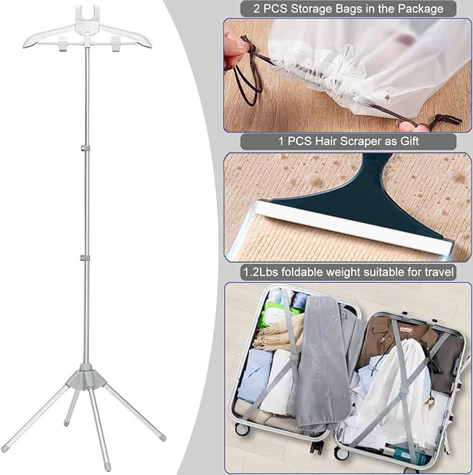Portable Steamer Stand for Clothes, Steamer Rack Steam Iron Stand for Steaming Clothes, Travel Garment Hanger Steaming Racks, Handheld Steam Cloth Racks for RV, Home, Hotel +2 Bags+1 Lint Remover