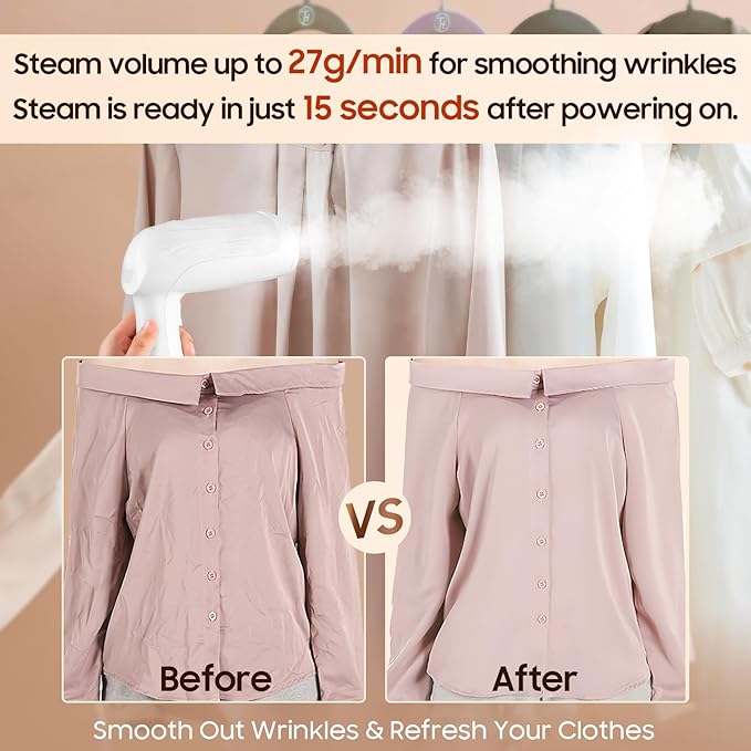 Portable Handheld Steamer for Clothes - 1350W Hand Held Clothes Steamer 15S Fast Heat-up, Heat-Resistant Steam Iron Remove Wrinkles for All Fabrics, 300ml Tank for Travel/Hotel