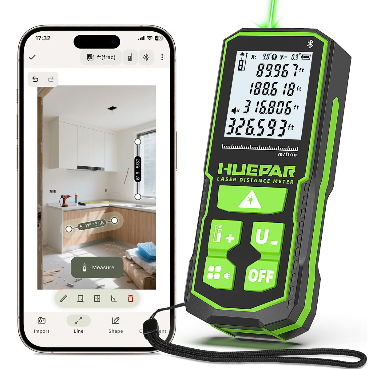 Huepar Bluetooth Green Laser Measuring Tool 330FT, S100-G-BT - Image 1