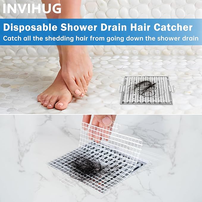 INVIHUG,25 Pack,Disposable Shower Drain Hair Catcher Mesh Stickers,Disposable Hair Drain Catcher（6.1inch Square）
