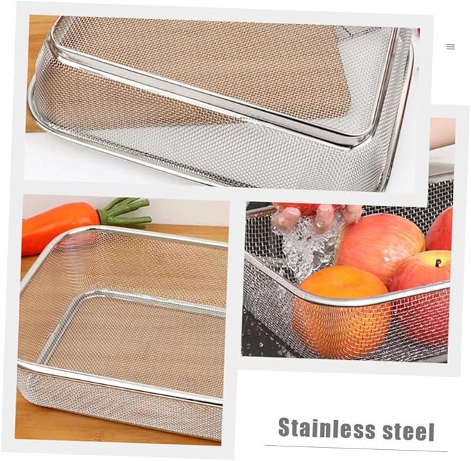 Stainless Steel Fine Mesh Drain Basket 13.4X9.8X3.1In Shallow Colander for Kitchen Sieve and Vegetable Washing Multi-Purpose Strainer with Holes for Easy Water Draining