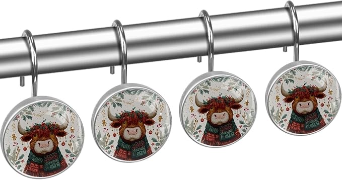 Highland Cows and Leaves Rust Proof Shower Curtain Hooks 12Pcs for Bathroom Shower Rod, Decorative Shower Hooks Shower Curtain Hanger Rings Roller, Glass, Resin, Stainless Steel