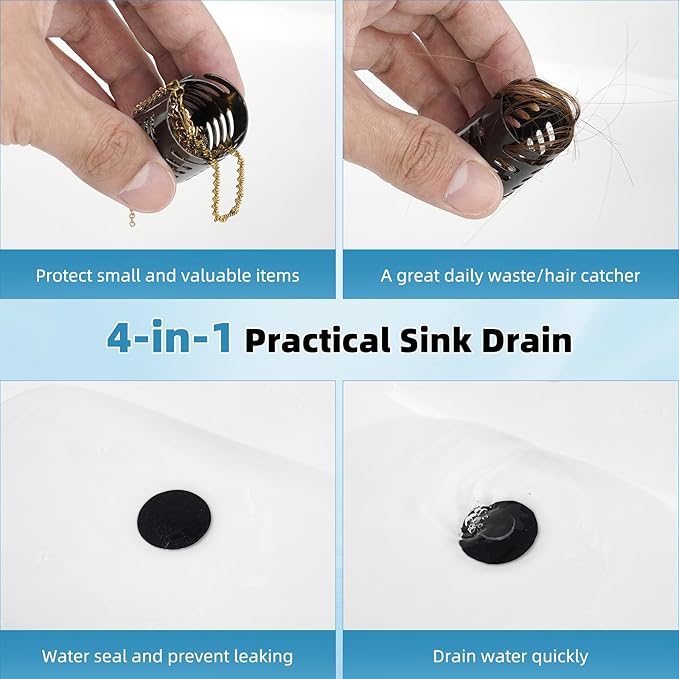 Universal Metal Bathroom Sink Drain Strainer Hair Catcher Upgraded 3 in 1 Pop-up Sink Stopper, with Detachable Stainless Steel Filter Basket, Fit for Standard 1.1''~2.36'' Basin Hole, Matte Black