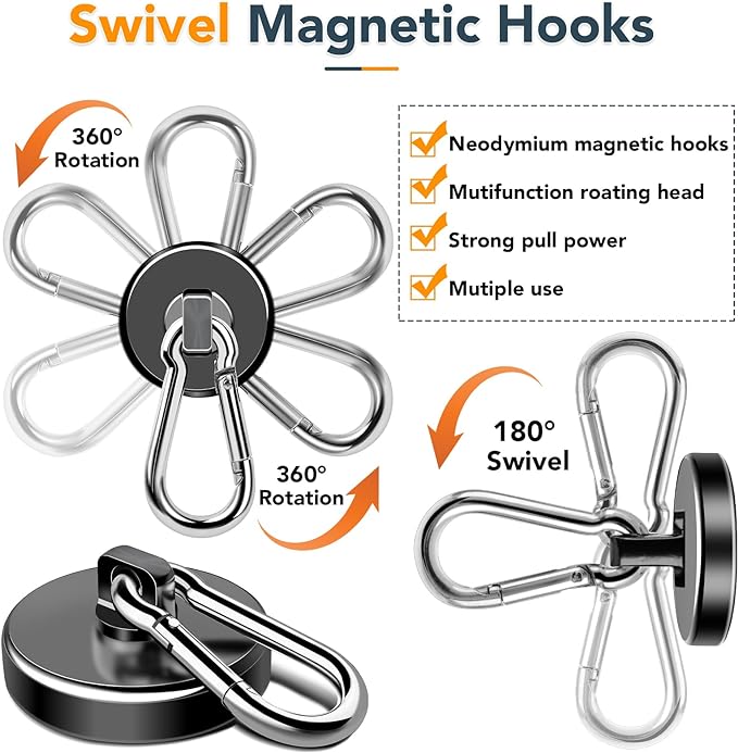 MIKEDE Strong Magnetic Hooks, 150LB Neodymium Black Magnets Heavy Duty with Swivel Carabiner Hook, Magnets with Hooks for Locker, Kitchen, Cruise Cabin, Office - 10 Pack