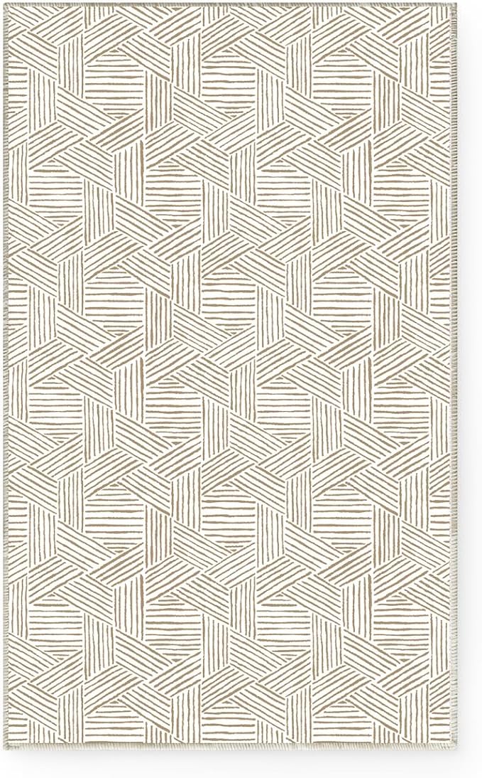 NICETOWN Cream Area Rug 5x7 for Living Room- Non slip Thin Jacquard Brown Machine Washable Rug Geometric Modern for Bedroom Large Entryway Rug with Rubberback Throw Carpet for Bedroom, white and Brown