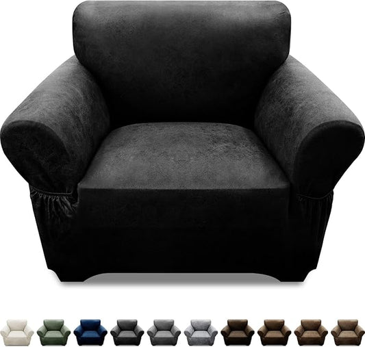 Leather-Look Stretch Armchair Cover with Pockets, Black