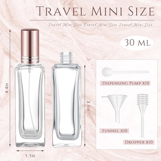 Domensi 30 Pcs 10/20/30 ml Perfume Travel Refillable Bottles Glass Spray Bottle Perfume Atomizer for Cologne Dispenser Leak-proof Fragrance Bottles Atomizer Pump Bottle Kit (Rose Gold)