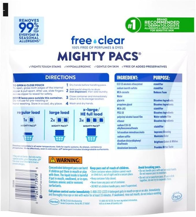 all Mighty Laundry Detergent Pacs, Free Clear for Sensitive Skin, Unscented and No Dye, 39 Count (Pack of 2)
