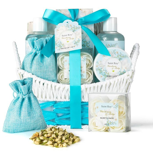 8 Pcs Bath & Body Gift Basket, Gardenia Tulip Gifts for Mom Spa Gift Set for Women, Self-Care Relaxation Gift, Home Spa, Spa Kit w/ Mini Bag Cute Wallet, Birthday, Christmas, Mother Day, Anniversary