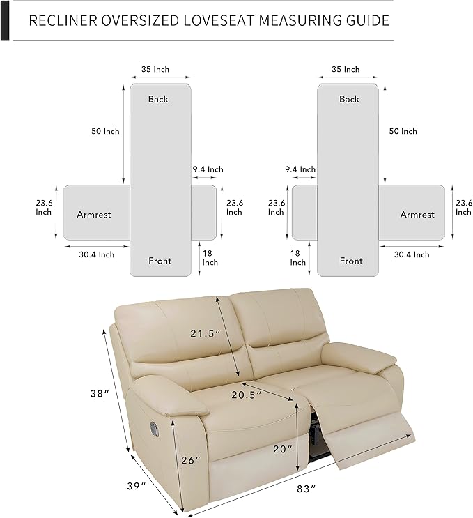 Easy-Going Oversized Loveseat Recliner Cover, Reversible Couch Cover for Double Recliner, Split Sofa Cover for Each Seat with Elastic Straps for Kids, Dogs(Oversized 2 Seater, Dark Blue/Light Blue)