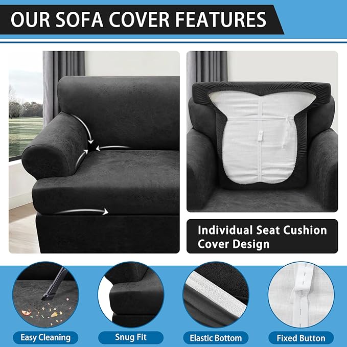 2-Pieces T Cushion Armchair Slipcovers Leather Look Couch Cover Chair Covers Stretch Furniture Protector Sofa Cover with 1 Individual T Cushion Seat Cover Slipcover Sets Washable, Dark Grey