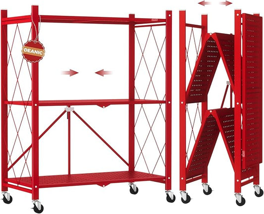 DEANIC 3 Tier Foldable Storage Shelves with Wheels, Kitchen Appliance Stand, Freestanding Metal Wire Shelf Rack, No Assembly Organizer Rolling Cart for Garage, Basement, Pantry(Red)