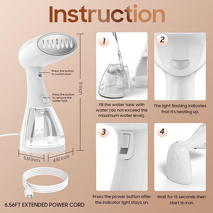 Hand Held Travel Steamer for Clothes - 1350W Portable Clothes Steam Iron 15S Fast Heat-Up, 300ML Large Capacity Water Tank, Garment Steamer Remove Wrinkles Fastly, Make Clothes Soft & Smooth