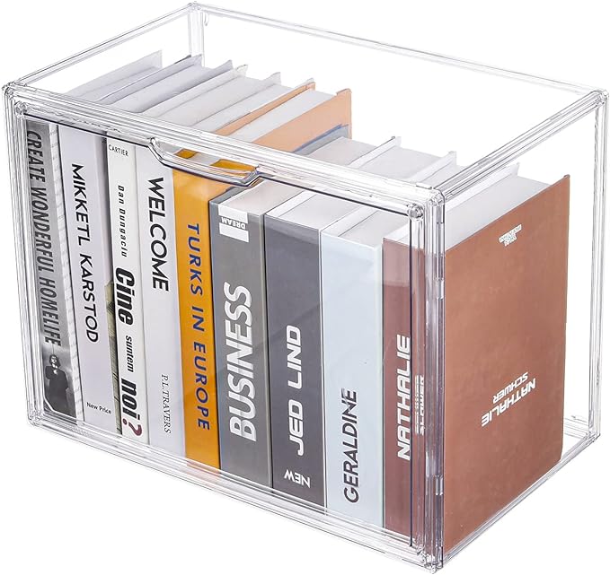 FABROK Clear Book Storage Organizer Box, Plastic Stackable Book Display Case with Magnetic Door, Assemble Storage Showcase for Toy Dolls, Books, Handbags, Shoes Organizing