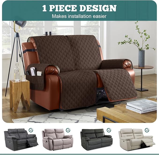 Ruaozz Waterproof Recliner Sofa Covers, 1-Piece Couch Covers for Reclining Couches Reclining Couch Cover Washable Furniture Protector with Elastic Straps Pocket for Kids Pets (Dark Brown, 2 Seater)