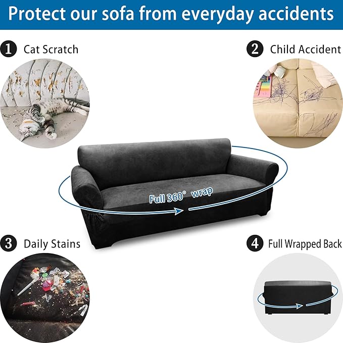Couch Cover Leather Look 3 Seater Couch Sofa Cover 1-Piece Sofa Slipcover Stretch Furniture Protector with Elastic Bottom & Pockets(Sofa, Dark Grey)