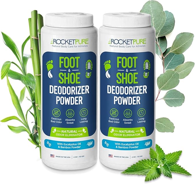 Rocket Pure Natural Foot and Shoe Deodorizer Powder, Deodorant and Odor Eliminator for Men and Women, Smell Remover, Formulated with Essential Oils, Made in the USA, Eucalyptus, 4 oz, (Pack of 2)