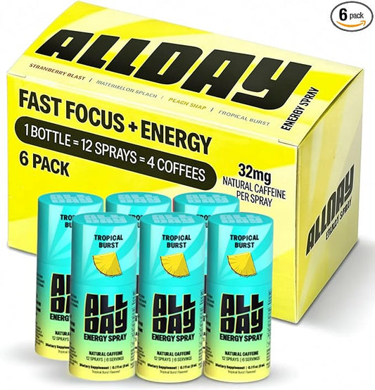 ALLDAY Focus + Energy Spray | Natural Caffeine + L-Theanine + Essential Vitamins | 0 Calorie, 0 Sugar | 12 Spray Bottle | Faster, Cleaner, Smoother Energy* (6 Pack Tropical Burst)
