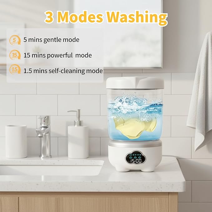 Portable Washing Machine, 6000mAh Underwear Washing Machine, 1.6L Cordless Mini Washer, 3 Cleaning Modes Laundry Machine, Built-in Storage Design for Apartment, Hotel, Dorm, RV, Home (White)