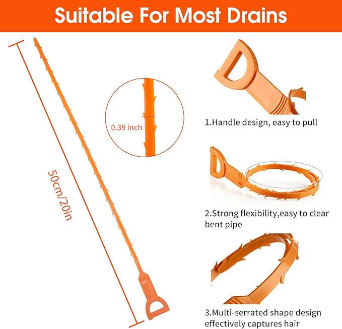 Huryfox Drain Clog Remover Tool- 6 Pack 20 Inch Length Drain Cleaner Sticks for Sink, Pipe and Tub - Plumbing unclogger Tool for Clogged Drains in Shower, Hair Catcher for bathroom, kitchen, Bathtub