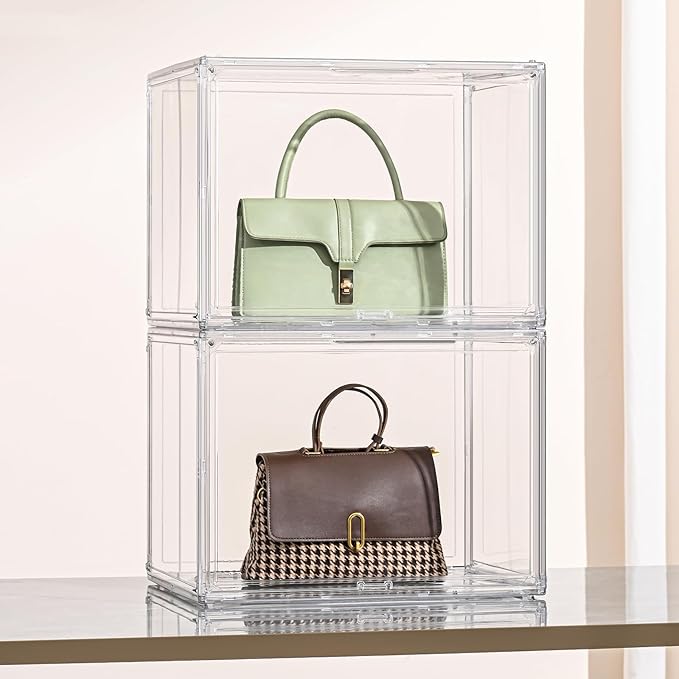 4 Pack XXX-Large Clear Display Case 17.7" x 13" x 13" Extra Large Display Organizer Box with Magnetic Door, Stackable Acrylic Storage Bin for Boots, Shoes, Collectibles, Bags, Figures