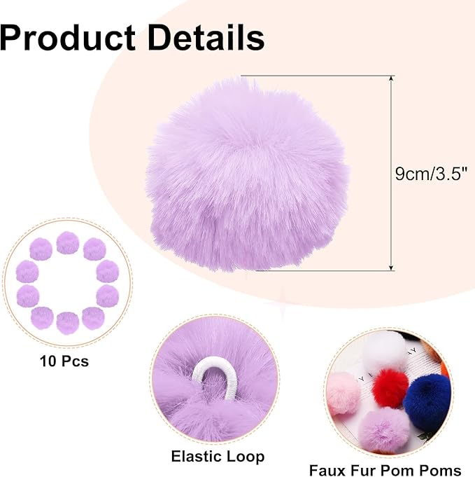 uxcell 3.5 Inch Faux Fur Pom Pom Balls, 10 Pcs Light Purple Fluffy Soft Faux Fur Pom Poms for Hats with Elastic Loop for DIY Knitting Hats Keychain Scarves Gloves Bags Shoes Accessories