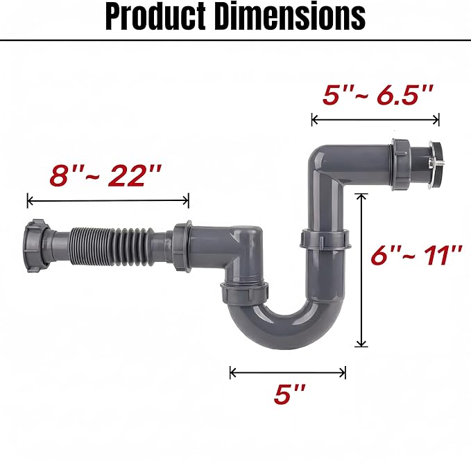 Garbage Disposal Installation Kit, Complete Kitchen Sink Drain Pipe Kit, 1-1/2" Plumbing, Compatible with Wall Mount or Floor Drain, Includes Elbow, P trap, Flange, Gasket and an Adjustable Tailpiece