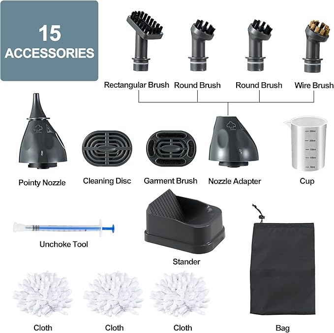 Spurgehom Handheld Steam Cleaner, 25S Quick Heating Portable Steamer with Visible Water Level,15-Piece Accessory Set Fast Heating for Car, Carpet, Upholstery, Couch, Tile, Windows Cleaning
