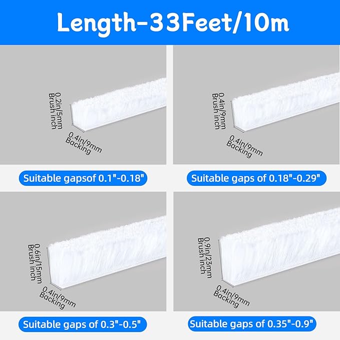Weather Stripping Door Window Seal Strip 33 Ft,Selfadhesive Strong Adhesion,soundproofing,Draft Blocker,Dustproof,Suitable for Doors and Windows Cabinet Doors,0.4 Wide X 0.9 Inch Thick,White