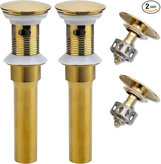 Bathroom Sink Drain, 2 Pack Gold Drain Stopper Bathroom Sink with Overflow, Pop Up Drain Assembly with Detachable Strainer Basket, Built-in Anti-Clogging Strainer,Stainless Steel
