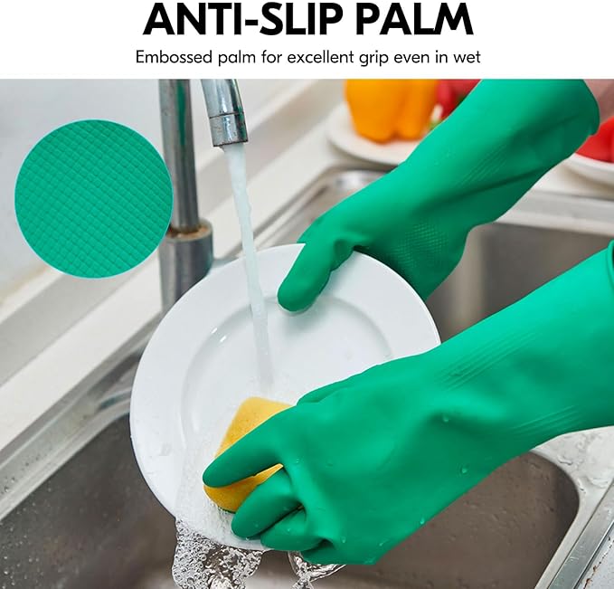 Vgo... 1-Pair Reusable Household Gloves, Rubber Dishwashing gloves, Extra Thickness, Long Sleeves, Kitchen Cleaning, Working, Painting, Gardening, Pet Care (Size L, Green, HH4601)