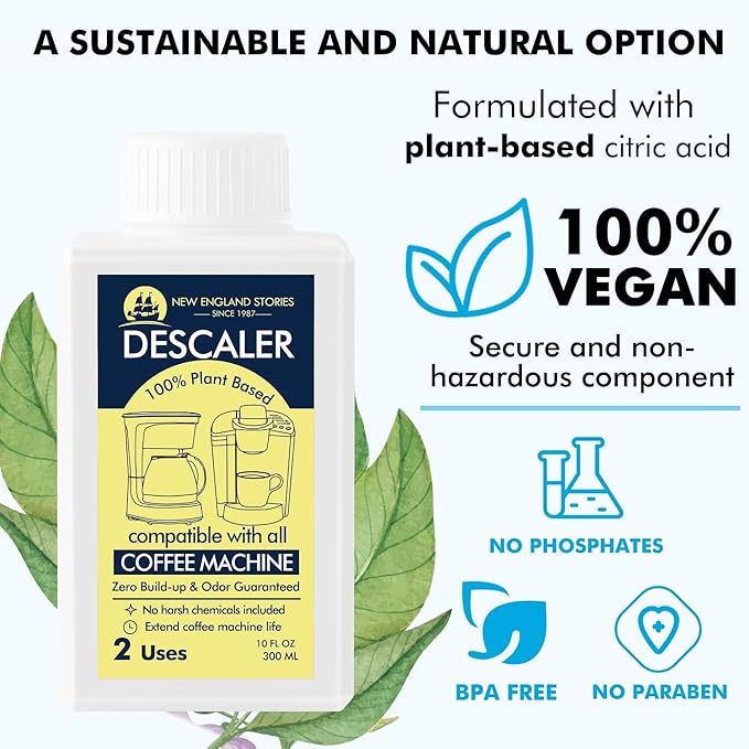 New England Stories Coffee Machine Descaler - 10oz (2 Uses), Universal Descaling Solution Compatible with Keurig, Nespresso, Delonghi and All Single Use Coffee and Espresso Machines