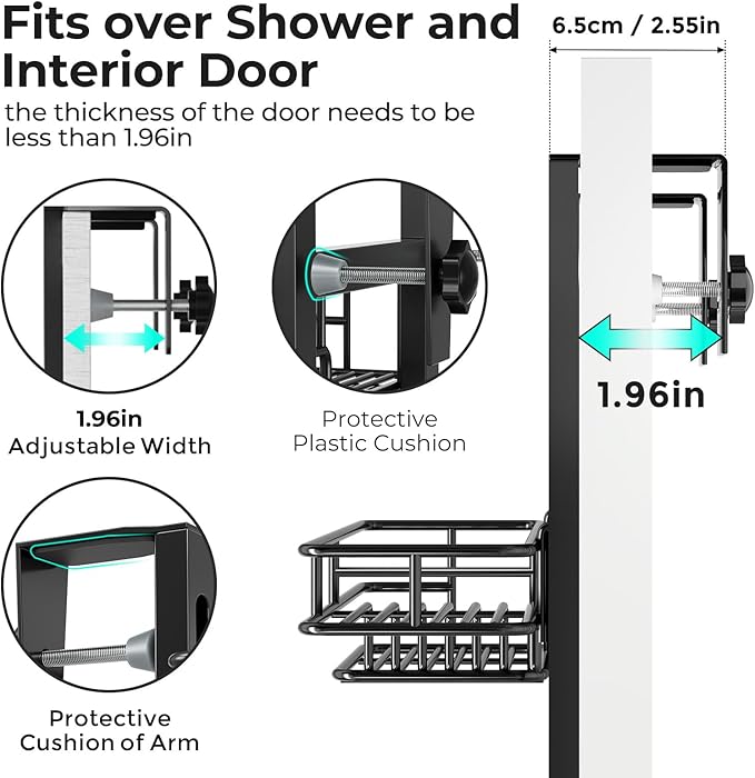 ODesign Over The Door Shower Caddy, 3-Tier Adjustable Hanging Shower Caddy with Soap Holder & 4 Hooks, Rustproof Bathroom Organizer with Suction Cup - Black