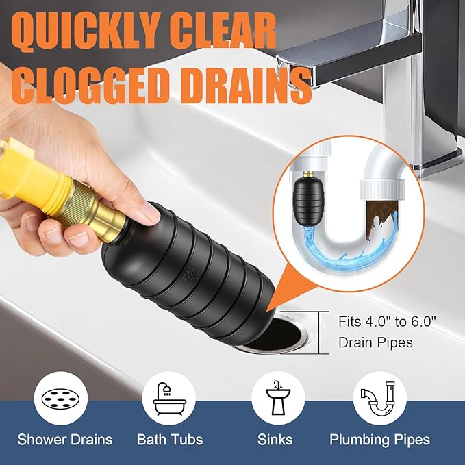 Large Drain Cleaning Bladder Fits 4" to 6" Pipes, Rubber Drain Bladder Unclogger for Bathroom Sinks, Showers, Swimming Pool Drains, Kitchen Sinks and Main Drains