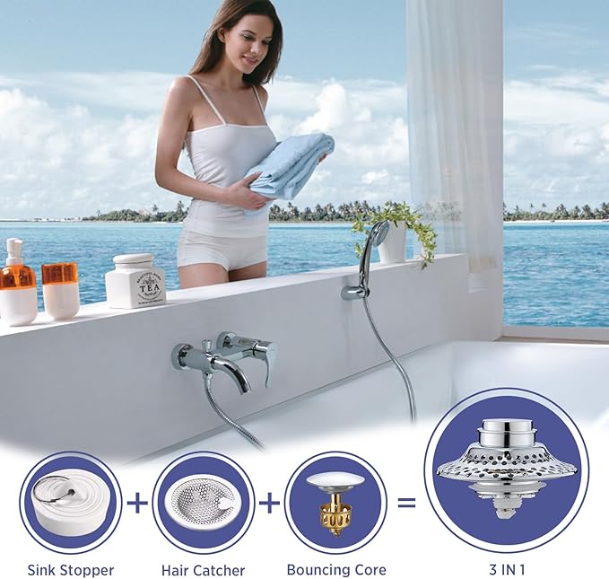 Universal Bathtub Drain Stopper with Removable Hair Catcher, 3-in-1 Pop-up Drain Plug Fits 1.38 to 2.1 Inch Holes, Upgrade Shower Drain Cover with Stainless Steel Filter